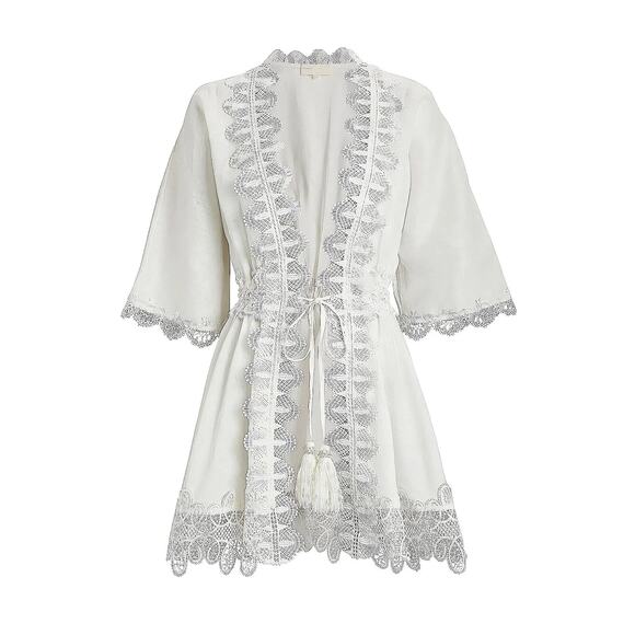 Waimari Gabriella White Linen Lace Kimono Tiered Mini Dress Medium NEW - Picture 4 of 7
